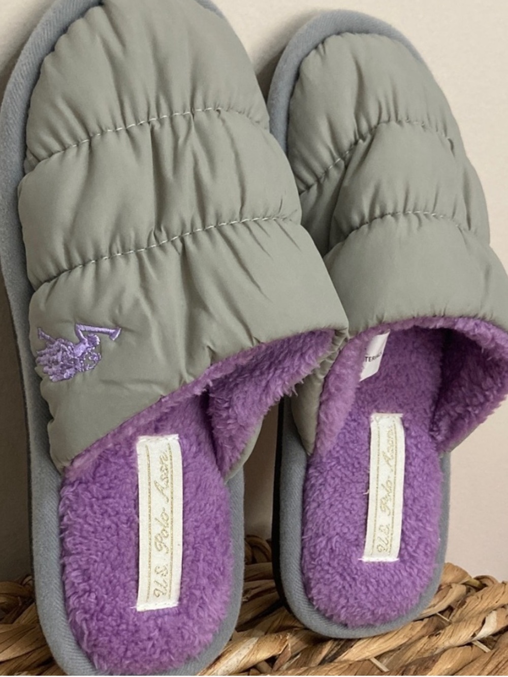 U.S. Polo Assn. Quilted Sage Green Slides with Purple Lining